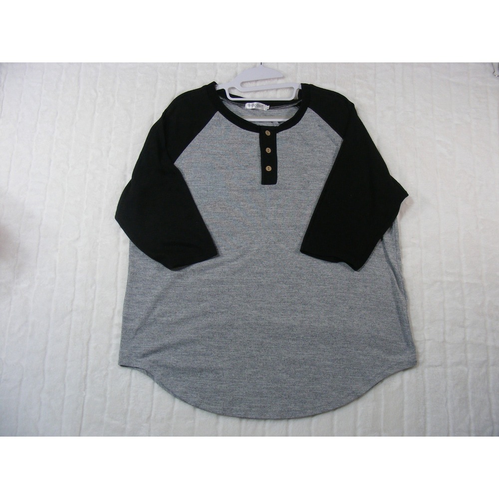Hocosit Henley Baseball Tee Womens XL Grey Black Excellent Raglan 3/4 Sleeve